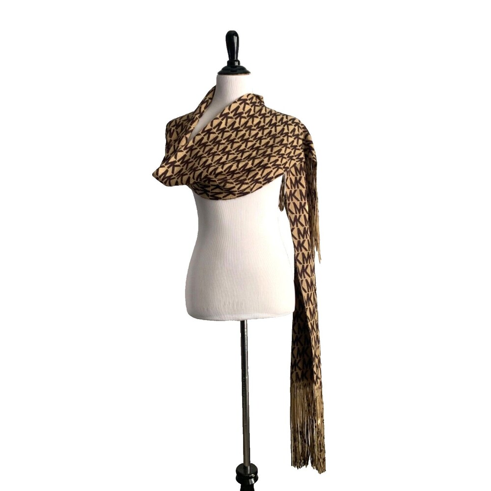 Michael Kors Monogram Fringe Scarf Tan Brown MK Logo Soft Long 72x10